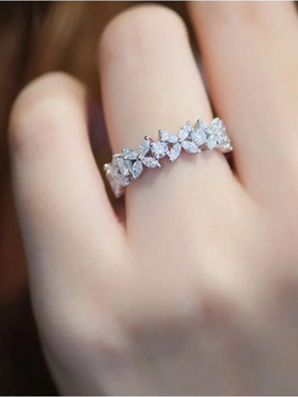 Delicate Leaf-Style Zirconia Eternity Band - Silver Tone